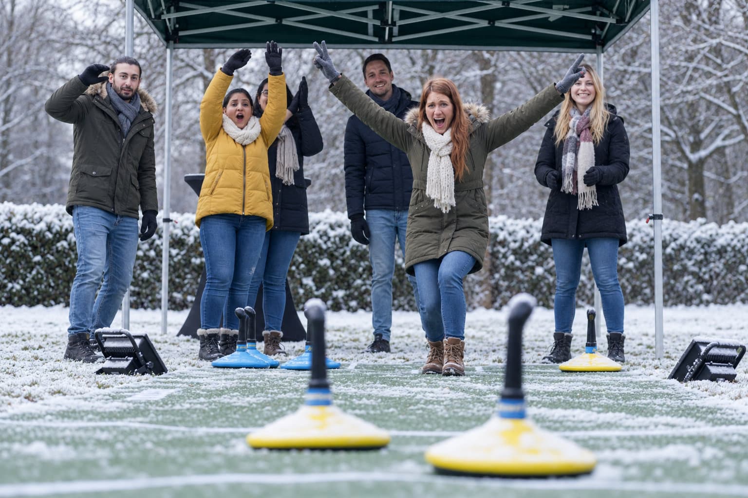 Gruppe bei einem winterlichen Teamspiel unter einem Pavillon