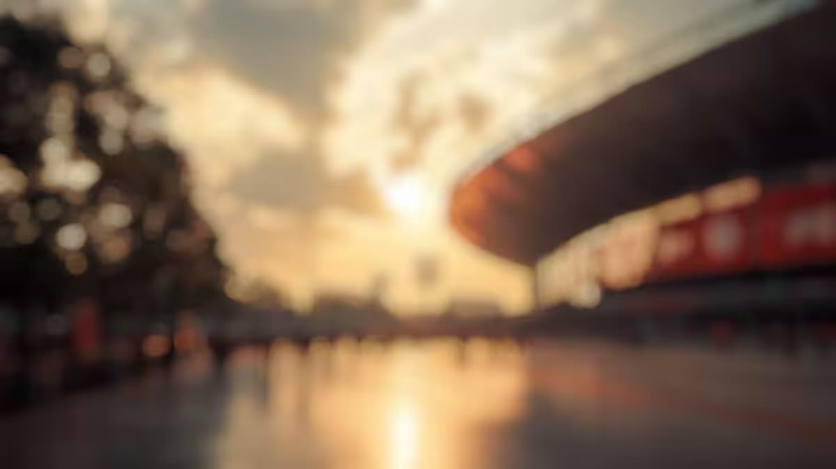 Sonnenuntergang hinter unscharfem Stadion und Baum