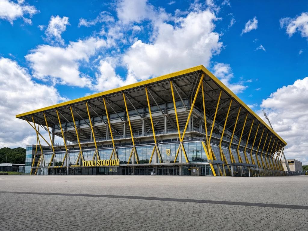 Modern stadium with yellow façade supports