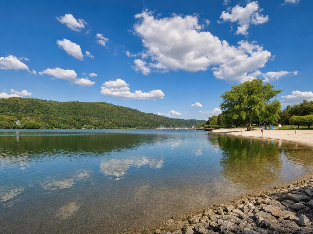 Lakeshore with wooded hills and a flat stretch of beach