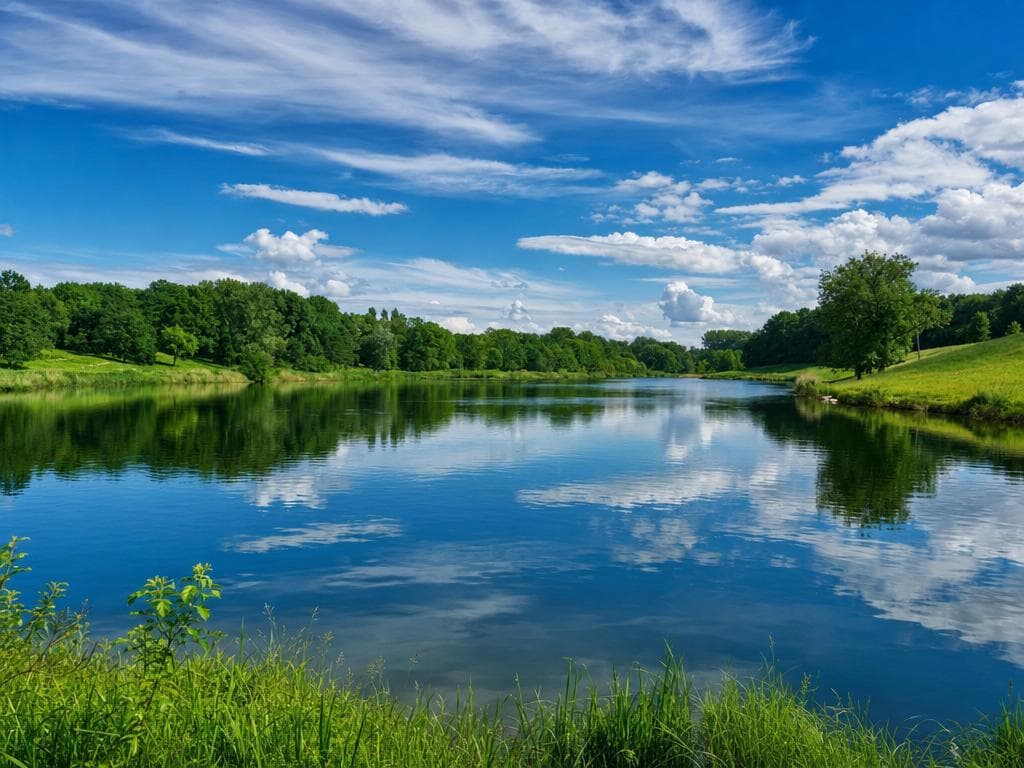 Calm lake with a green shoreline