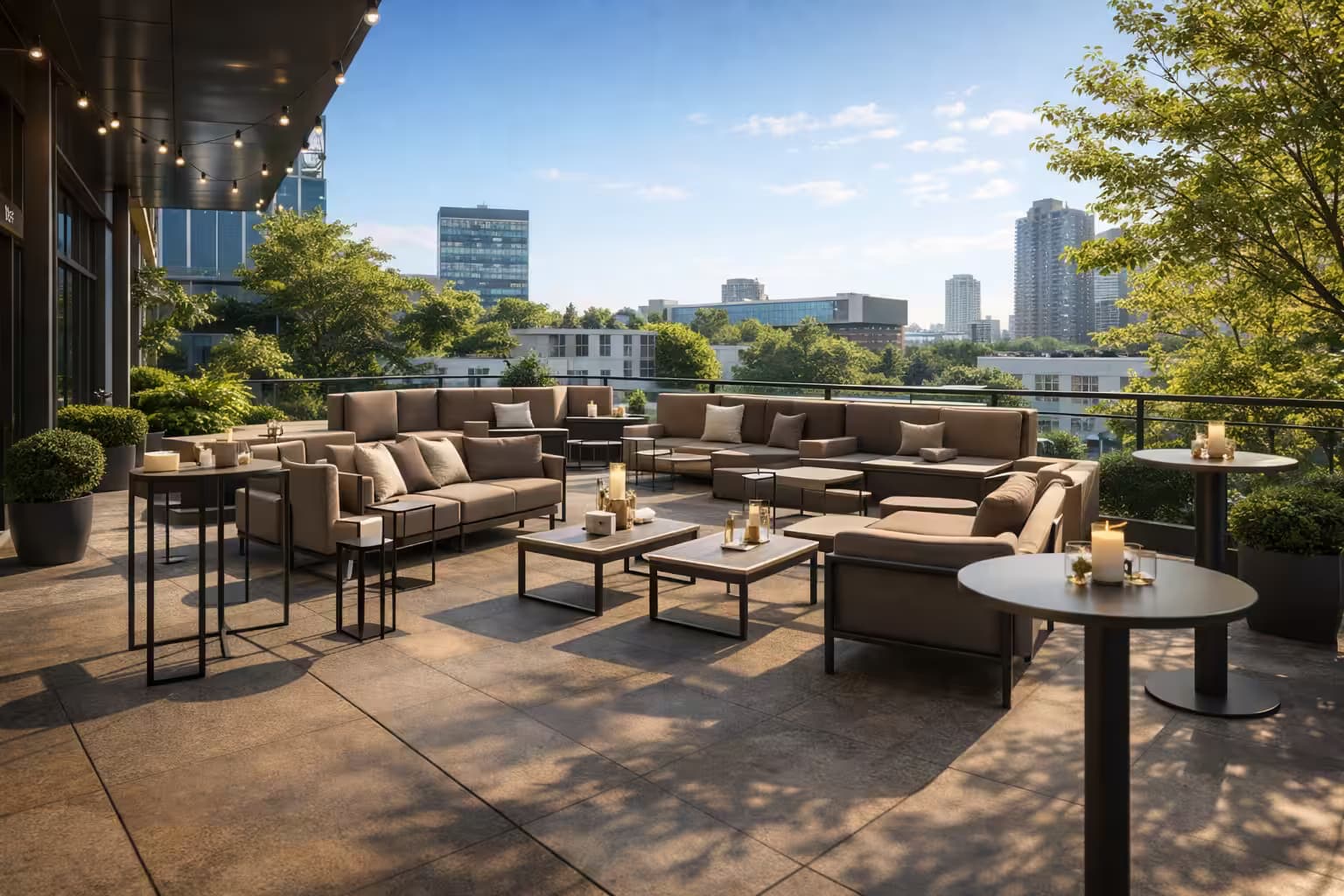 Roof terrace with lounge seating and views over the city
