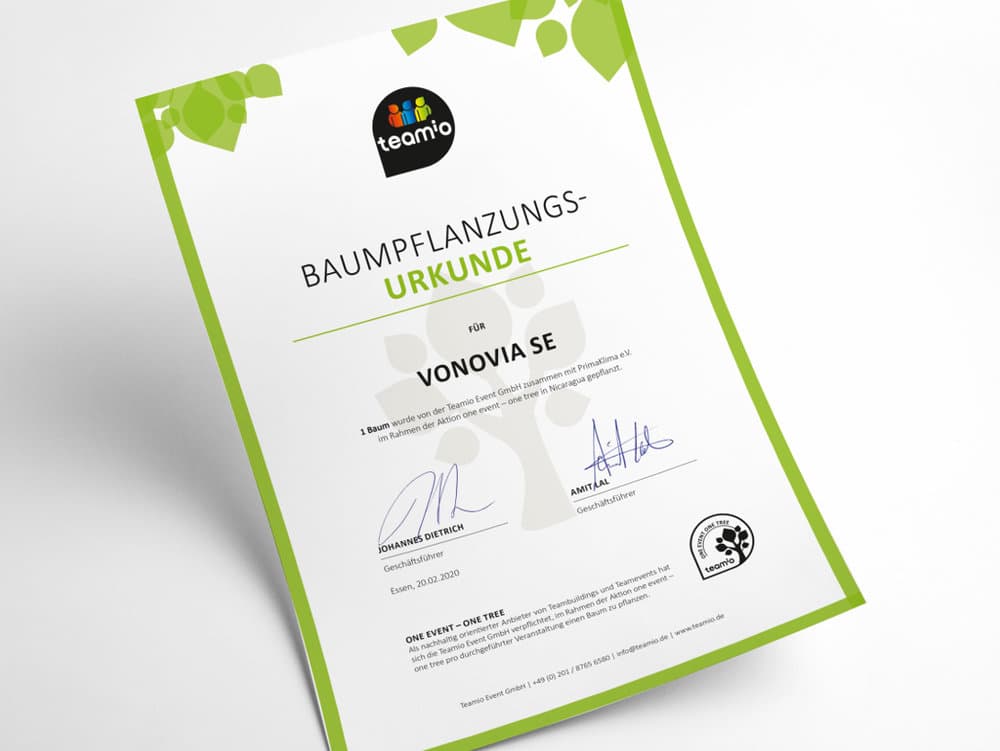 Tree-planting certificate from the One Event – One Tree initiative