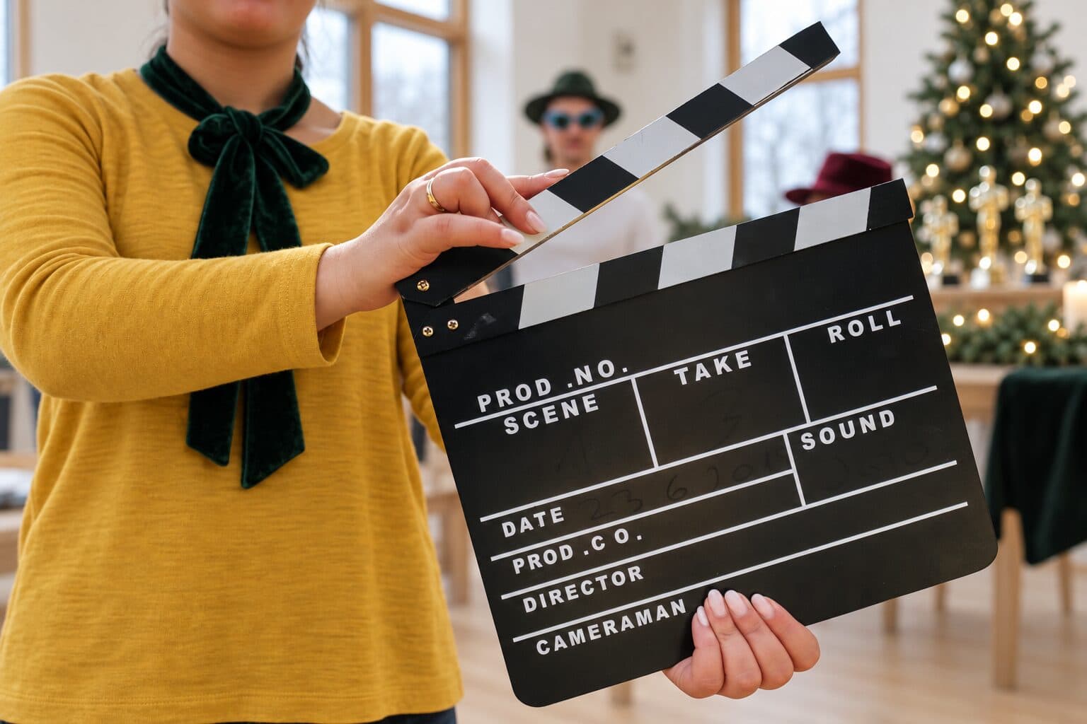 Filmklappe in Nahaufnahme, im Hintergrund Weihnachtsbaum und Oscar-Figuren