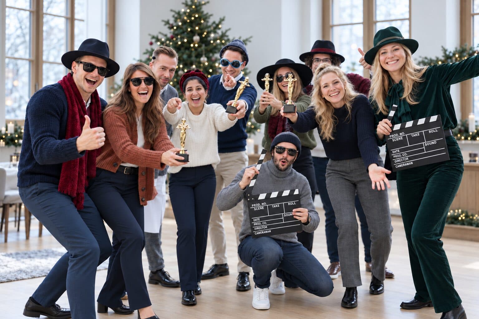 Verkleidete Gruppe mit Oscar-Figuren und Filmklappen vor einem Weihnachtsbaum