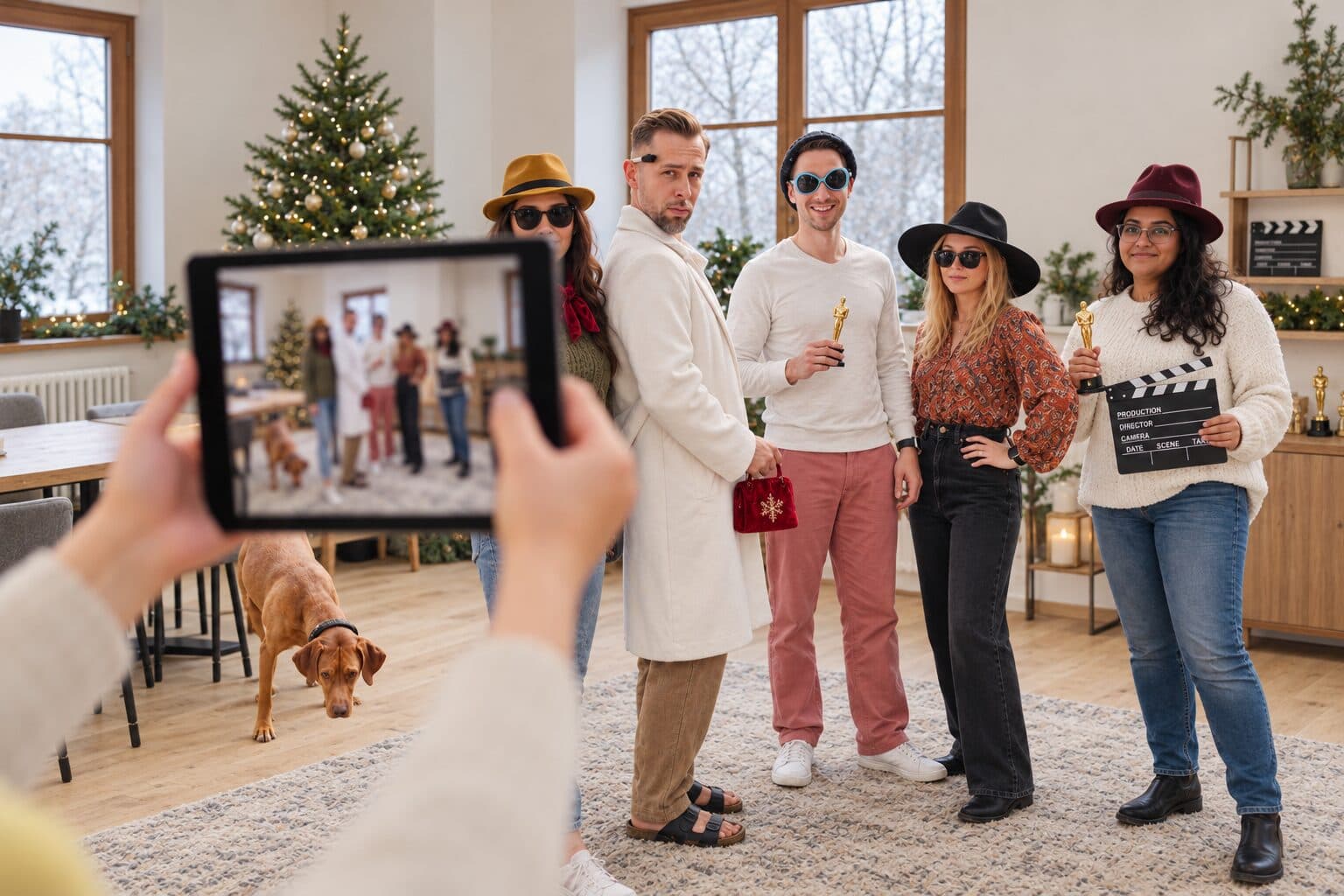 Film-Crew dreht mit dem iPad eine Szene in einem weihnachtlich geschmückten Raum