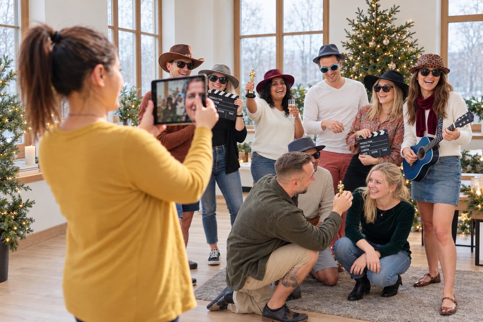 Teilnehmerin filmt eine verkleidete Gruppe mit dem iPad vor einem Weihnachtsbaum