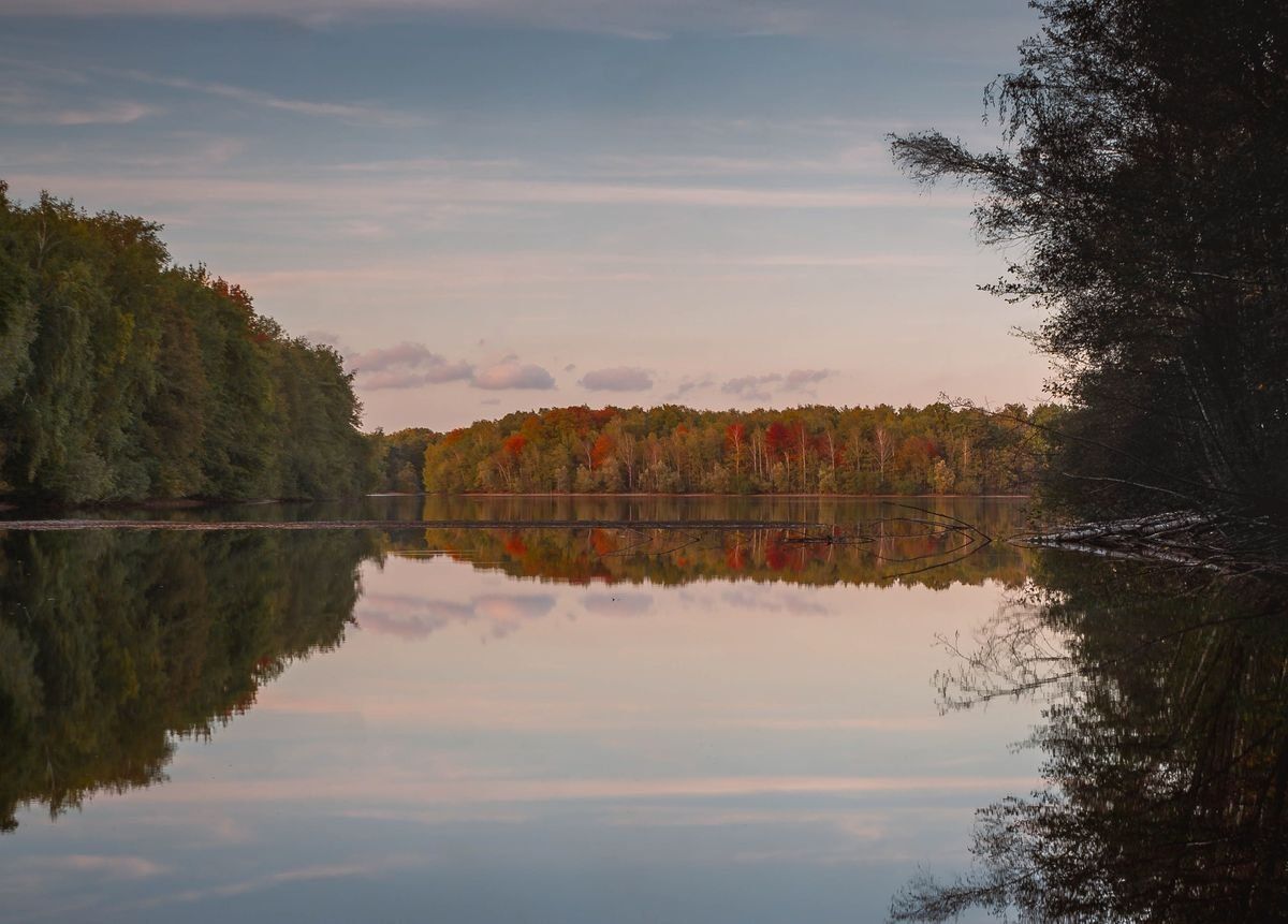 See mit herbstlichen Bäumen und ruhigem Wasser in Duisburg