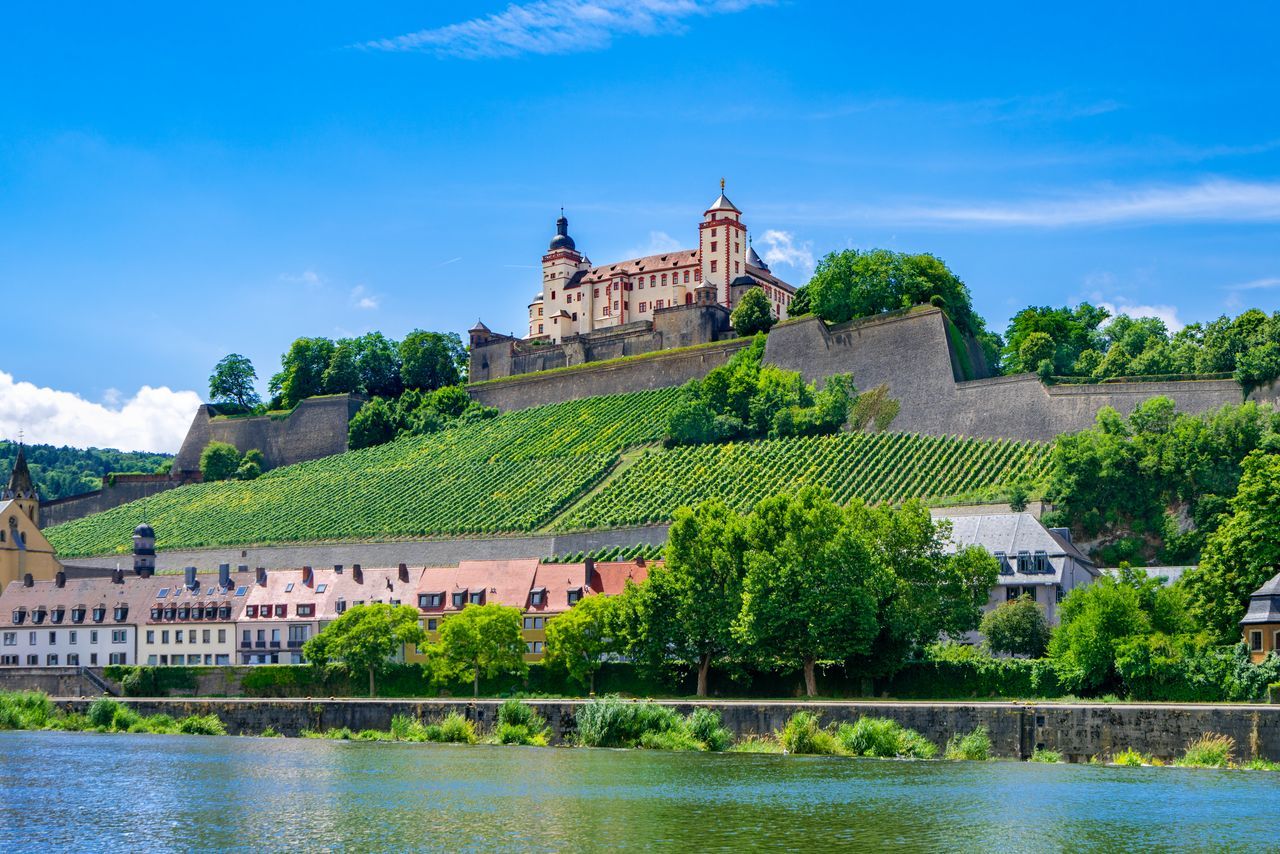 Festung Marienburg in Würzburg auf Hügel mit Weinbergen und Fluss