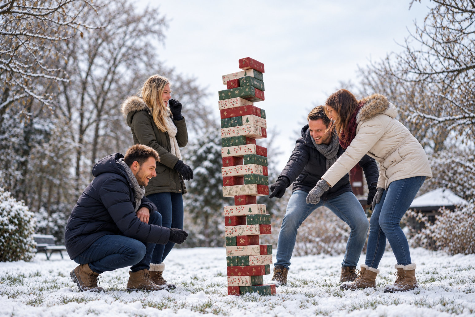 Gruppe stapelt verpackte Spielsteine im Schnee