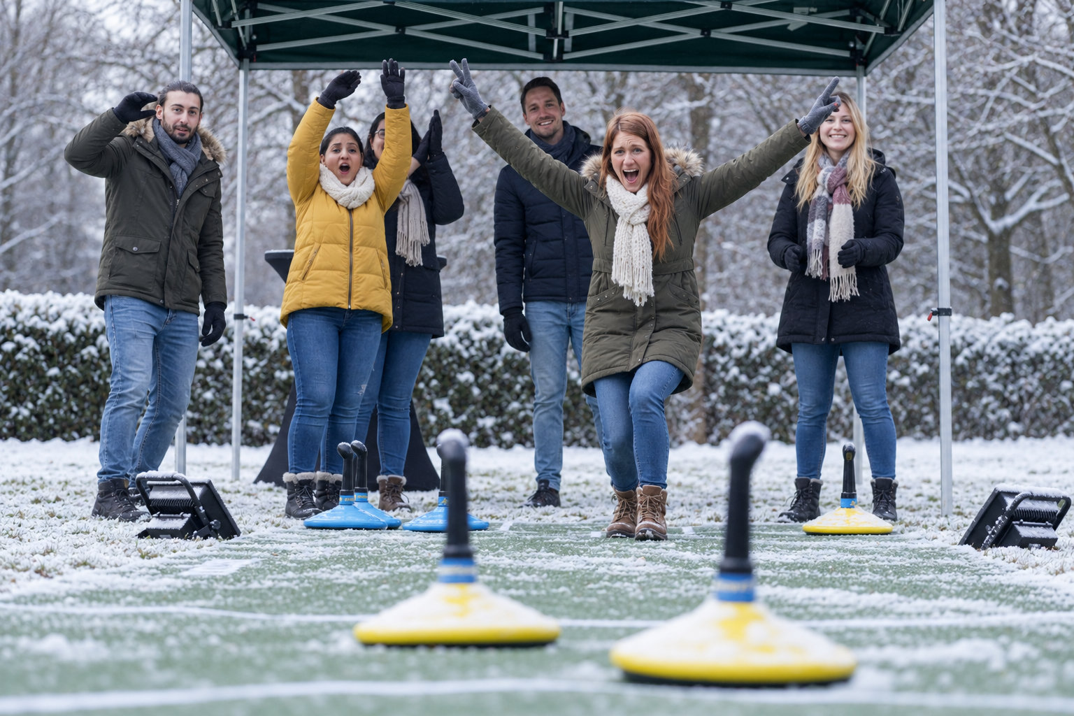 Gruppe bei einem winterlichen Teamspiel unter einem Pavillon